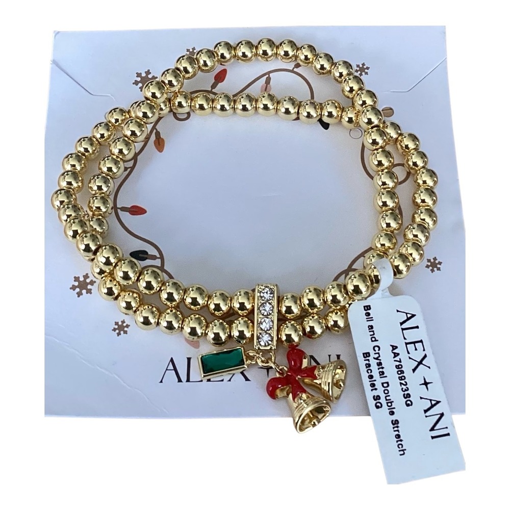 Alex and Ani Bell and Crystal Double Stretch Holiday Bracelet Gold